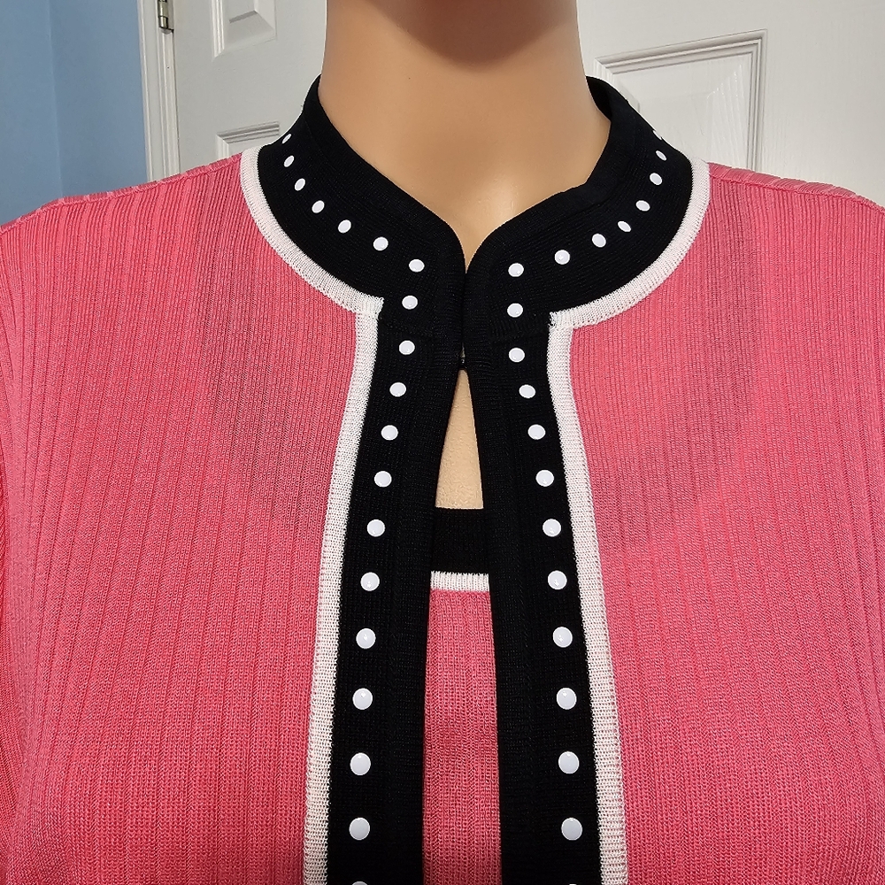 Ming Wang Two Piece Pink/Black Ribbed Knit Cardigan and Tank Dopamine Set M/L - Picture 3 of 10
